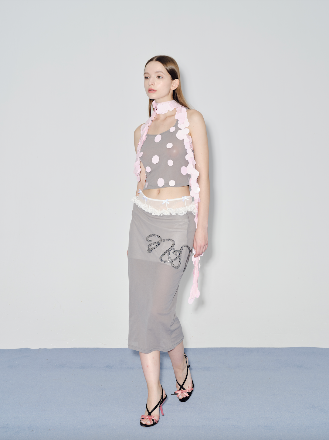 Grey mesh perspective hot diamond skirt