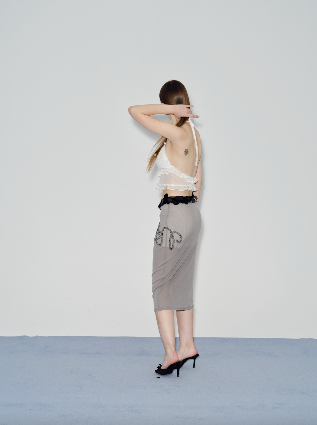 Grey mesh perspective hot diamond skirt