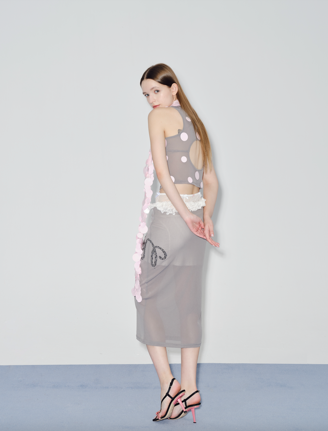 Grey mesh pink sequined vest