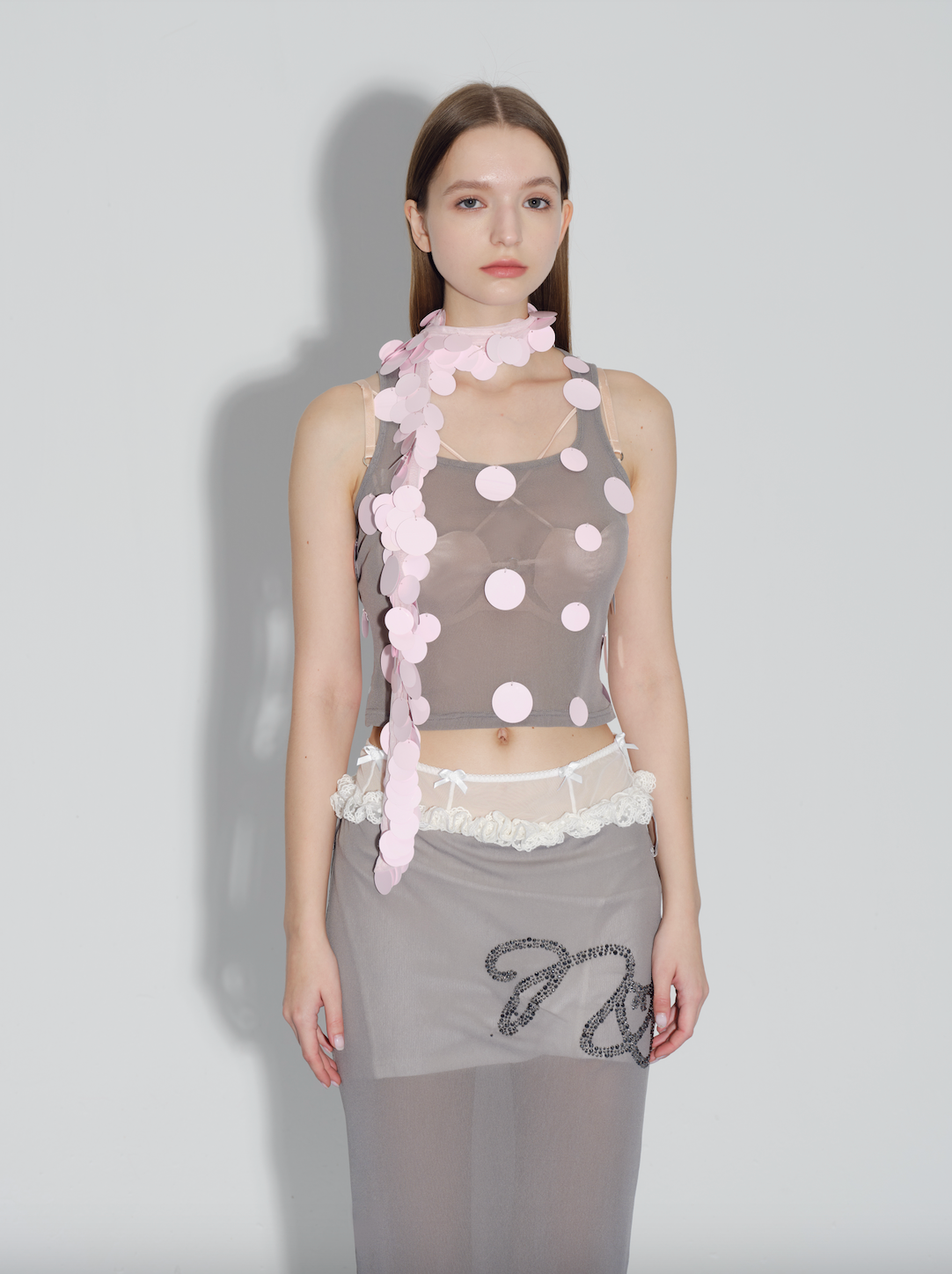 Grey mesh pink sequined vest