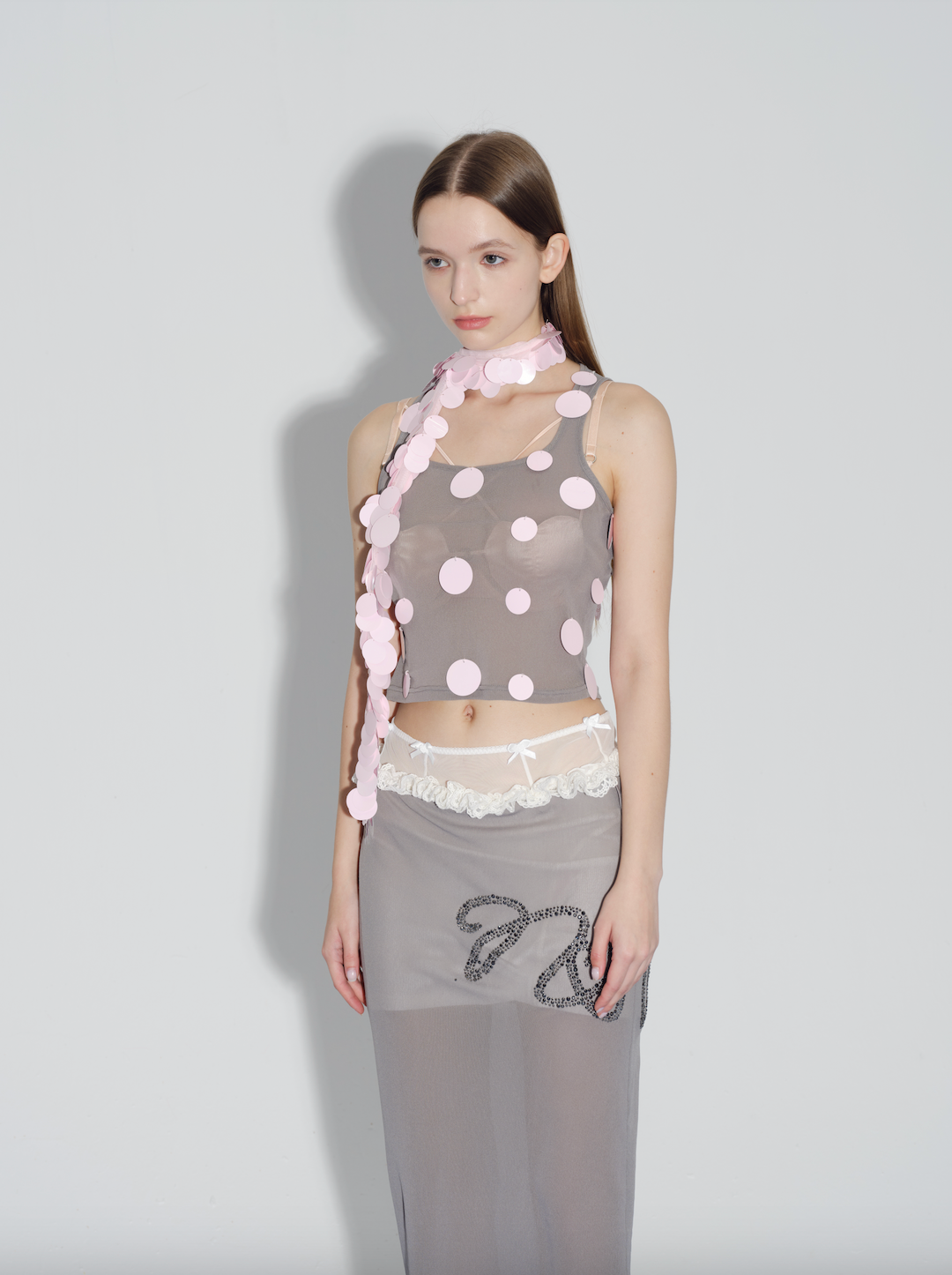 Grey mesh pink sequined vest