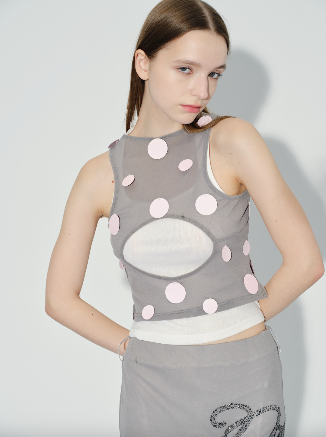 Grey mesh pink sequined vest