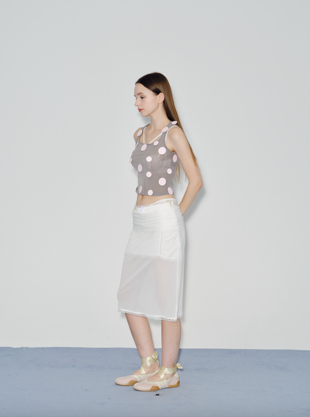 Grey mesh pink sequined vest