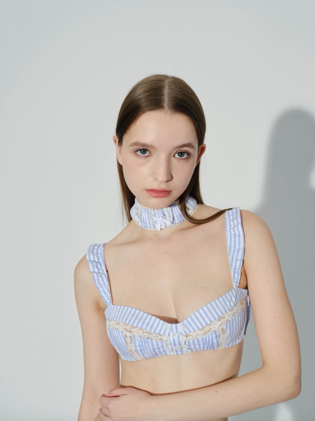 Blue and white striped bow cotton collar